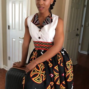 Bamenda Toghu African Print Midi Dress (Black/ White/ Red)